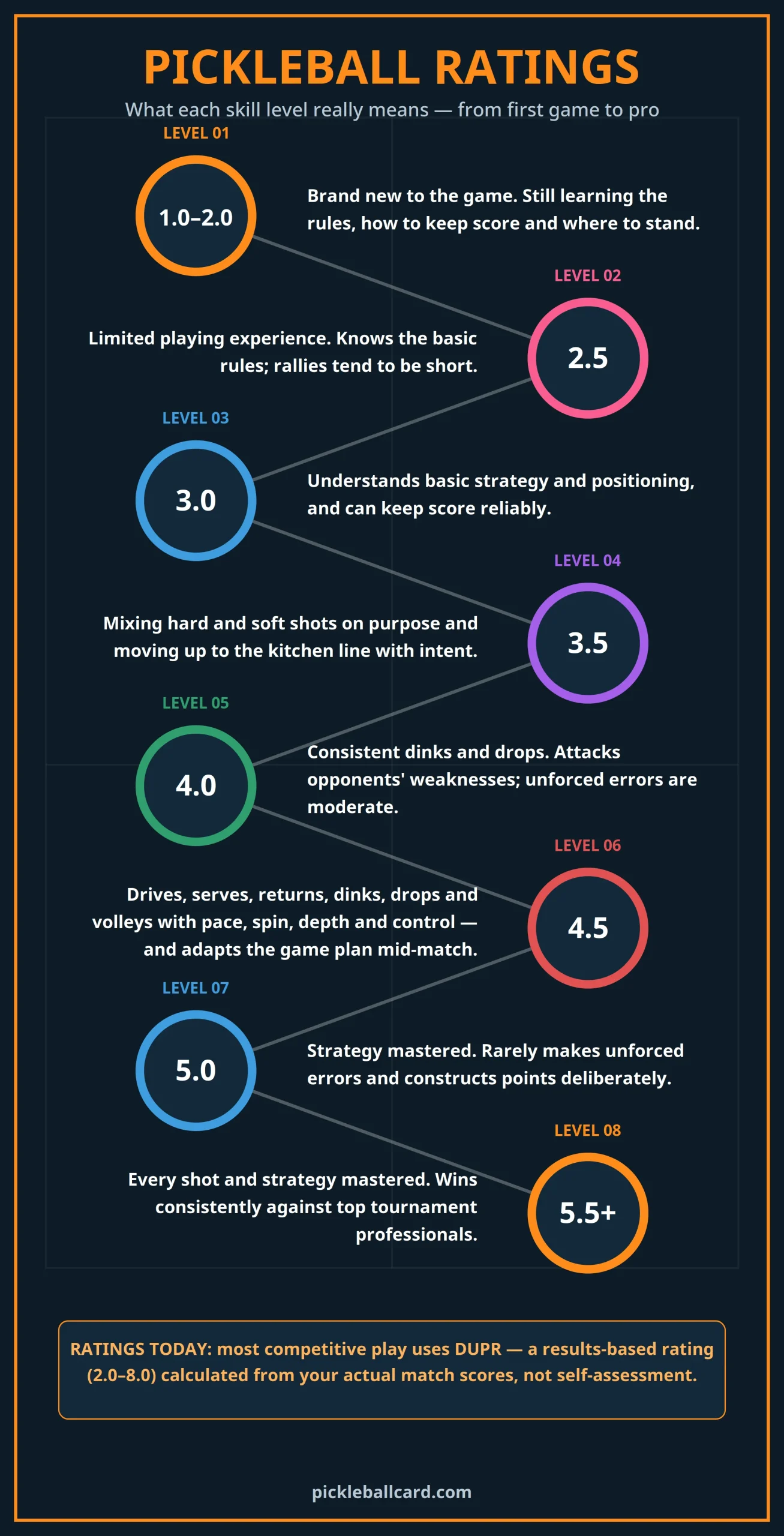 Pickleball ratings explained: skill levels from 1.0 beginner to 5.5 plus pro, including DUPR