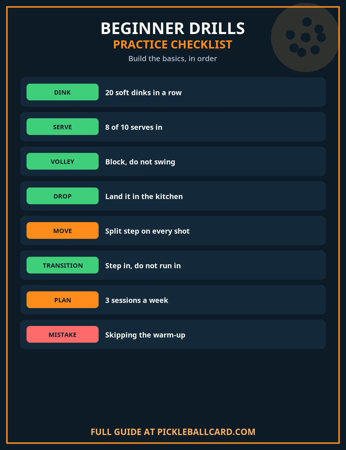 Beginner pickleball drills practice checklist