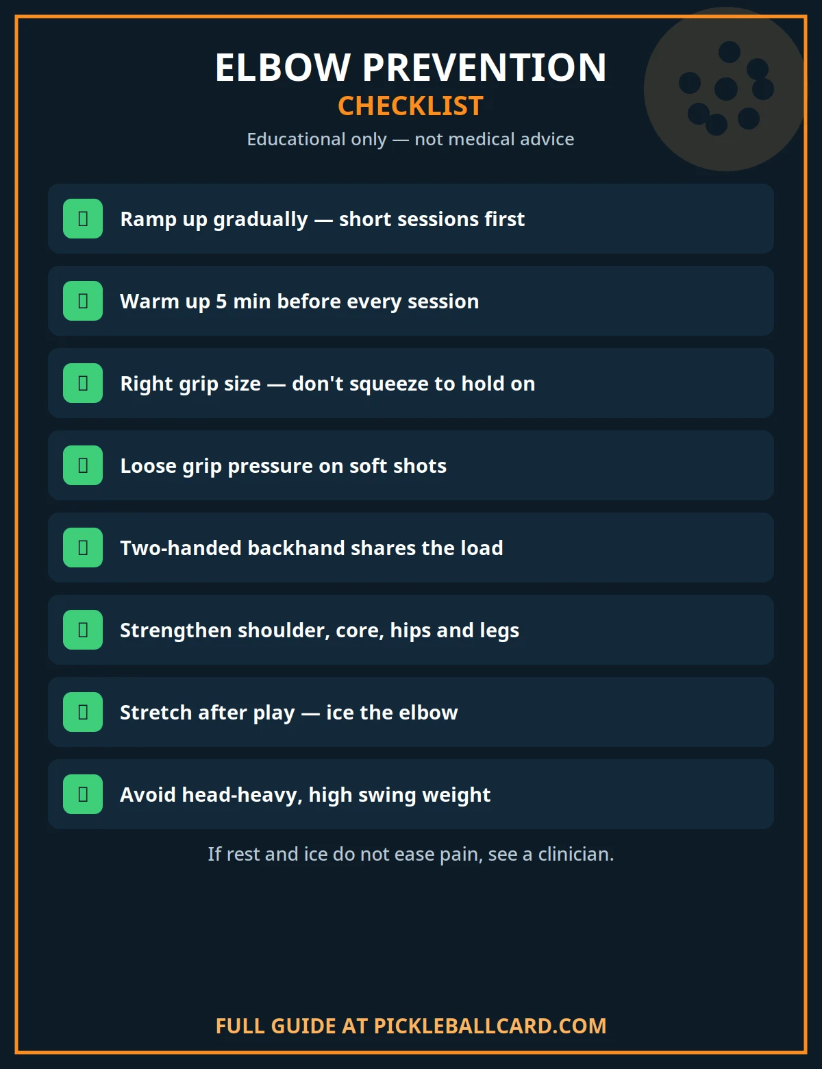 Checklist of pickleball elbow prevention habits: ramp up gradually, warm up, grip size, grip pressure, two-handed backhand, strengthening, stretching and icing